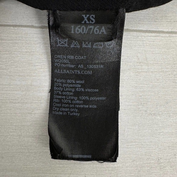 All Saints Oren Rib Wool Coat Women XS Black Long Sleeves Overcoat Italian Cloth - Picture 13 of 16